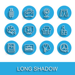 Set line Photo, Signboard with text Hotel, Suitcase, door lock key, Clock airplane, Speech bubble, Whiskey bottle and glass and Armchair icon. Vector