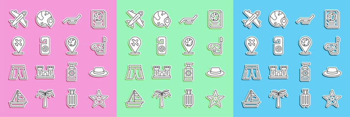 Set line Starfish, Man hat with ribbon, Diving mask and snorkel, Sunbed umbrella, Please do not disturb, Plane, and Location the globe icon. Vector
