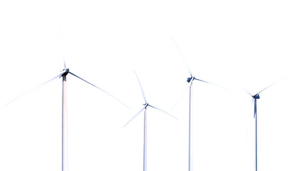 White electricity generating wind turbine on transparent background PNG. Alternative energy and clean energy concept. - obrazy, fototapety, plakaty