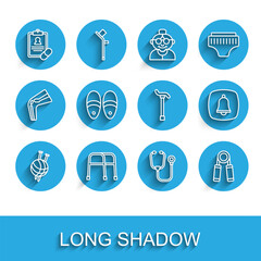 Set line Yarn ball with knitting needles, Walker, Medical prescription, Stethoscope, Sport expander, Slippers, Emergency phone call and Walking stick cane icon. Vector