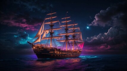 pirate ship in the storm - obrazy, fototapety, plakaty