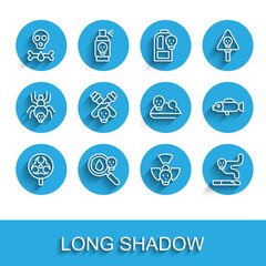 Set line Biohazard symbol, Poison magnifying glass, Bones and skull, Radioactive, Cigarette, Bottle with potion, Puffer fish and Experimental mouse icon. Vector