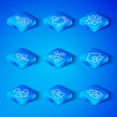 Set line Radioactive, Chemical formula, Poison flower, Acid rain, Bacteria, Bones and skull, Bottle with potion and Poisoned pill icon. Vector