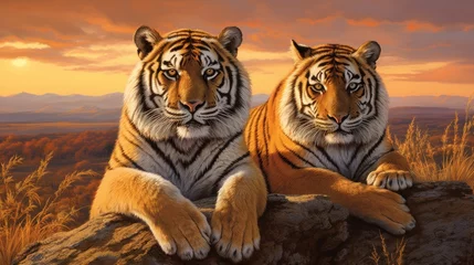 Zelfklevend Fotobehang Majestic Tigers at Sunset © Orxan