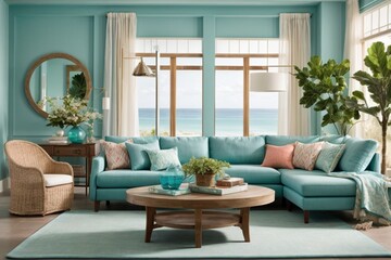 Living room with furniture Decorated with sea blue tones.generative AI 