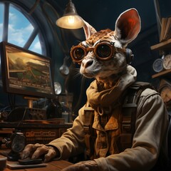 A giraffe sitting at a computer in glasses