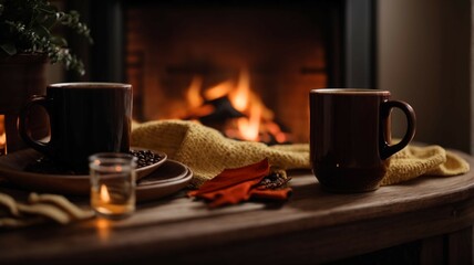 cup of hot tea on fireplace - obrazy, fototapety, plakaty