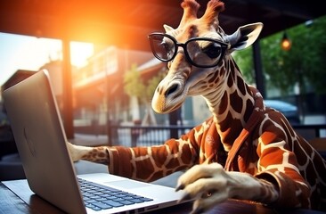 A giraffe with glasses sitting by a computer, photo-realistic landscapes