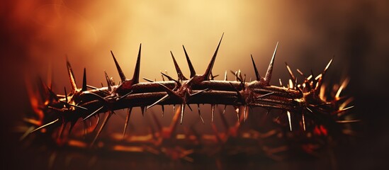 Symbolic elements like thorns and nails represent Jesus sacrifice suffering resurrection on the cross and Easter