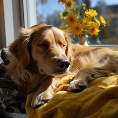 A golden retriever resting on the windowsill while autumn leaves fall
