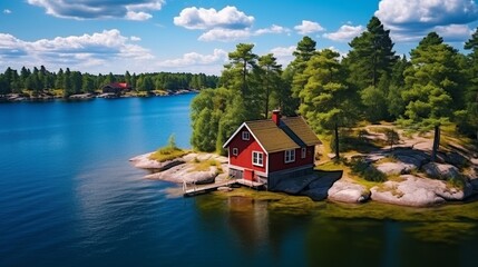 View of a red vacation cabin by a lake in Wooden cottage, sauna on the coastline. A small house near the water. Small rocky island in the ocean. Green trees surround the buildings. - Powered by Adobe