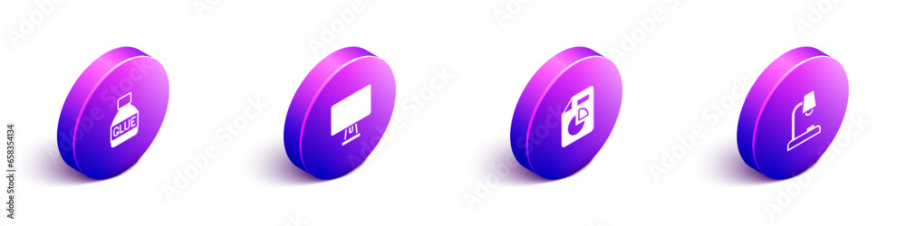 Poster set isometric glue, computer monitor, document with graph chart and table lamp icon. vector