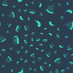 Set Eggplant, Slice of pizza, aper package for milk and Watermelon on seamless pattern. Vector