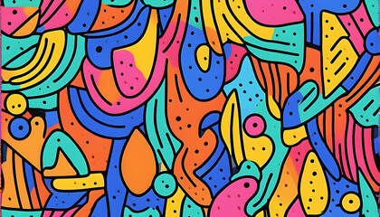 Obraz na płótnie Canvas Fun colorful line doodle seamless pattern. Creative minimalist style art background for children or trendy design with basic shapes. Simple party confetti texture, childish scribble shape backdrop.