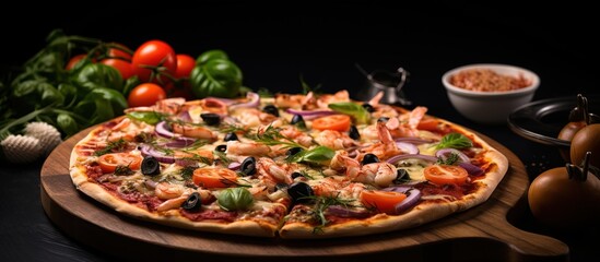 Fototapeta na wymiar Close up serving of classic Italian seafood pizza with king prawns tuna and olives on rustic black board