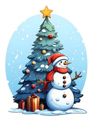 Fototapeta na wymiar cartoon style snowman with Christmas tree