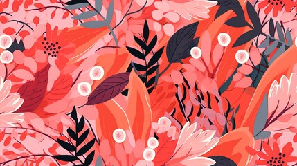  a large group of flowers and leaves on a pink background.  generative ai