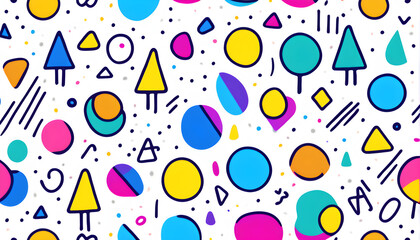 Fun colorful line doodle seamless pattern. Creative minimalist style art background for children or trendy design with basic shapes. Simple party confetti texture, childish scribble shape backdrop.