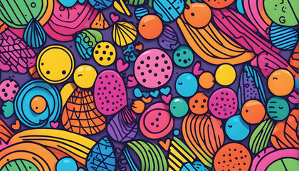 Fun colorful line doodle seamless pattern. Creative minimalist style art background for children or trendy design with basic shapes. Simple party confetti texture, childish scribble shape backdrop.
