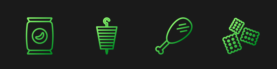 Set line Chicken leg, Bag or packet potato chips, Grilled shish kebab and Cracker biscuit. Gradient color icons. Vector