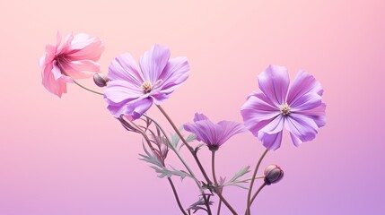  three purple flowers are in a vase on a pink background.  generative ai