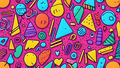 Fun colorful line doodle seamless pattern. Creative minimalist style art background for children or trendy design with basic shapes. Simple party confetti texture, childish scribble shape backdrop. - obrazy, fototapety, plakaty