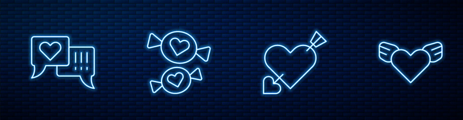 Set line Amour with heart and arrow, Heart in speech bubble, Candy and wings. Glowing neon icon on brick wall. Vector