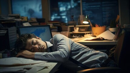 Exhausted young handsome business man sleeping on his office desk next to computer and documents. Company worker tired of overworking. Male employee workaholic suffering from chronic fatigue at - obrazy, fototapety, plakaty