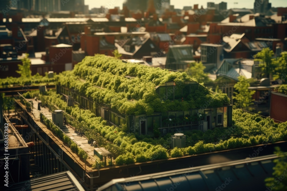 Poster a picture of a building with a green roof. can be used to illustrate sustainable architecture or eco