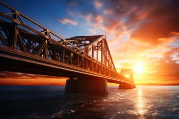 A picturesque bridge over calm water at sunset. Perfect for travel blogs and serene nature scenes.