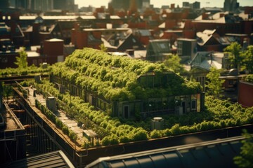A picture of a building with a green roof. Can be used to illustrate sustainable architecture or eco-friendly construction projects.