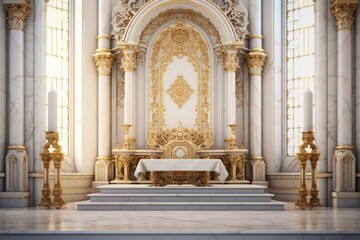 A large white and gold altar with a white table. Perfect for religious ceremonies or elegant events. - obrazy, fototapety, plakaty