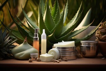 A collection of various skin care products neatly arranged on a table. This image can be used to showcase a range of skincare products and promote healthy skincare routines.