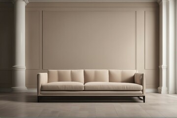 Beige sofa against an empty wall with copy space Minimalist interior