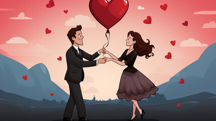 A humorous image of a couple in formal attire, trying to catch a departing hot air balloon adorned with hearts, symbolizing their adventurous love story