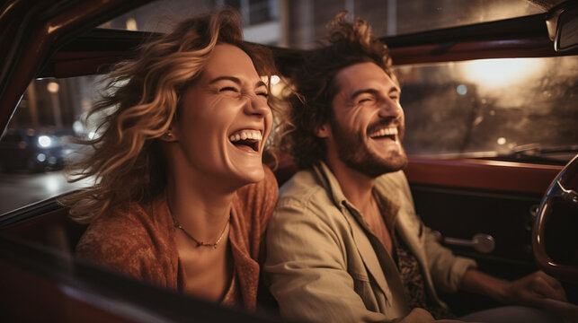 A cinematic shot of a couple in a vintage convertible car, driving through a rain-soaked city, their laughter and love illuminating the gloomy evening