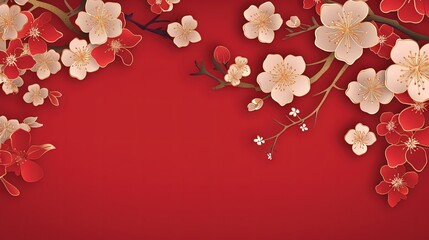  a red background with white flowers and leaves on the branches.  generative ai