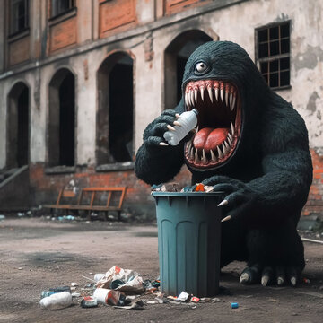 Sinister Monster Eats Garbage And Scares People In The City, Recycling, Hunger, Pollution, Oblivion, Marginality,generative Ai