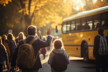 Parents waving goodbye to their child boarding a school bus - Morning school routine - AI Generated - obrazy, fototapety, plakaty
