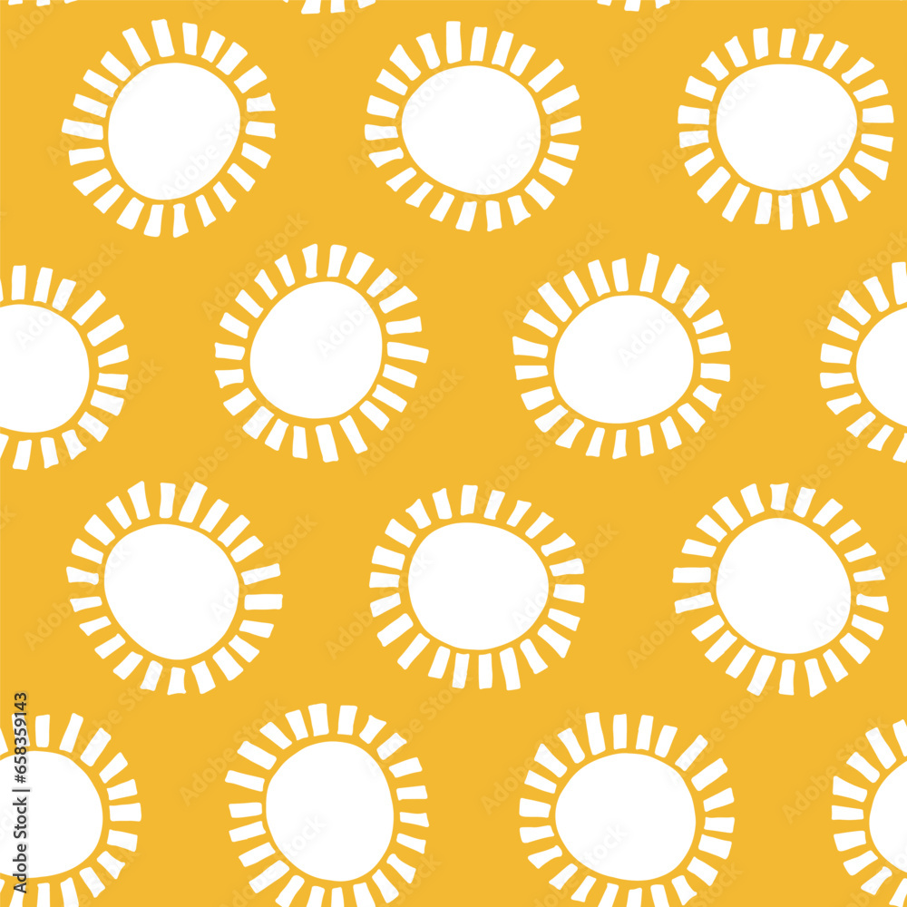 Wall mural abstract white suns seamless pattern on yellow background. geometric circle repeat pattern in minima