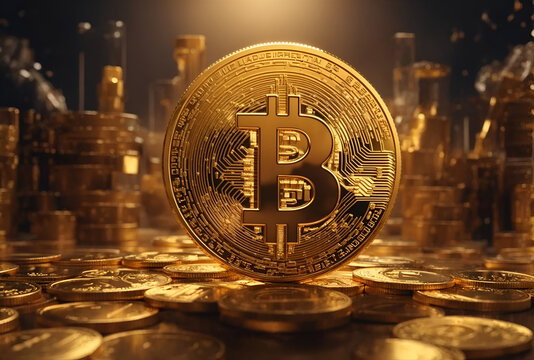 A background with golden Bitcoins, representing digital currency and financial technology. Perfect for cryptocurrency, finance, and technology-related concepts.