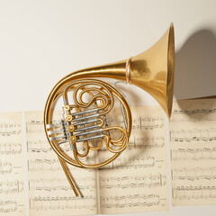 French horn on the music note sheets. Elegant brass instrument. Orchestra. Gold