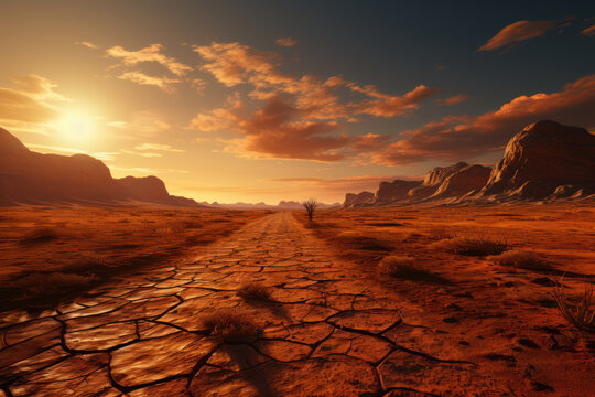 A searing sun casting long shadows across a scorching desert landscape. Concept of intense heat. Generative Ai.