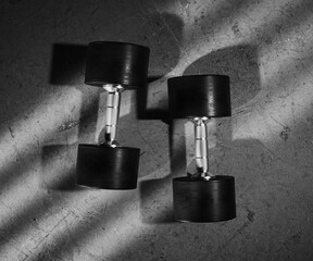 Pair of dumbells isolated on a grey concrete floor. Strenght, fit concept.