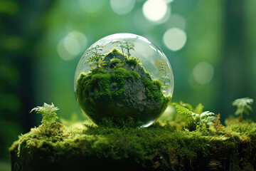 Globe On Moss In Forest, Illustrating Environmental Earth Day Concept. Сoncept Forest Conservation, Earth Day, Environmental Awareness, Sustainability