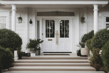 Main entrance door White front door with landing in minimalist style home cottage house - obrazy, fototapety, plakaty