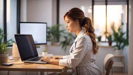 Woman doctor working in office with laptop computer