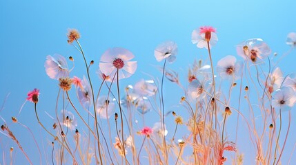  a bunch of flowers that are in the air with a blue sky in the background.  generative ai