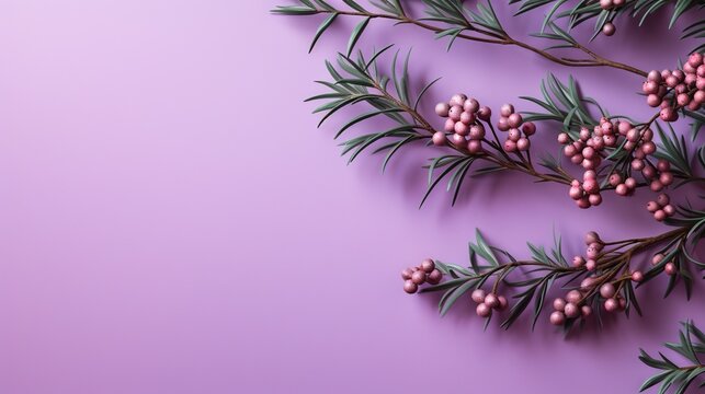  a branch of a tree with pink berries on a purple background.  generative ai