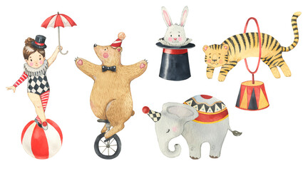 Watercolor vintage circus illustration set. Girl, bear. elephant, tiger, bunny in a hat. Kids design art decor. Hand painted illustration for nursery, invitation, posters. © lunata